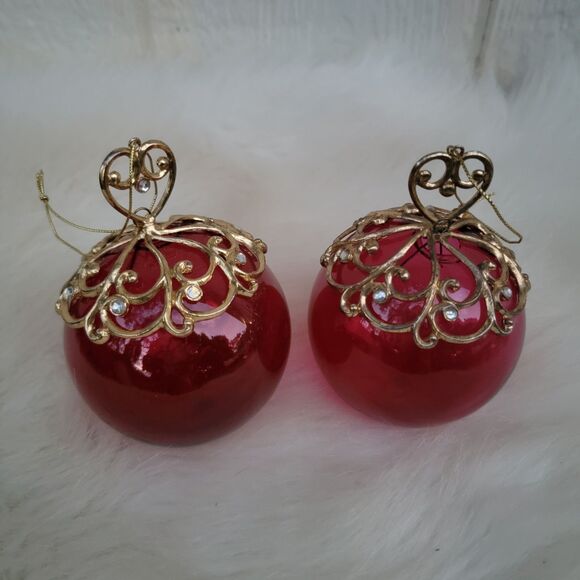 Set Of 2 Glass Ornament Red With Gold Accents - Picture 2 of 4
